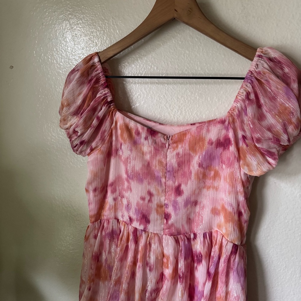 Lulus | Phenomenal Vision Pink Multi Lurex Puff Sleeve Tiered Midi Dress - Picture 7 of 7